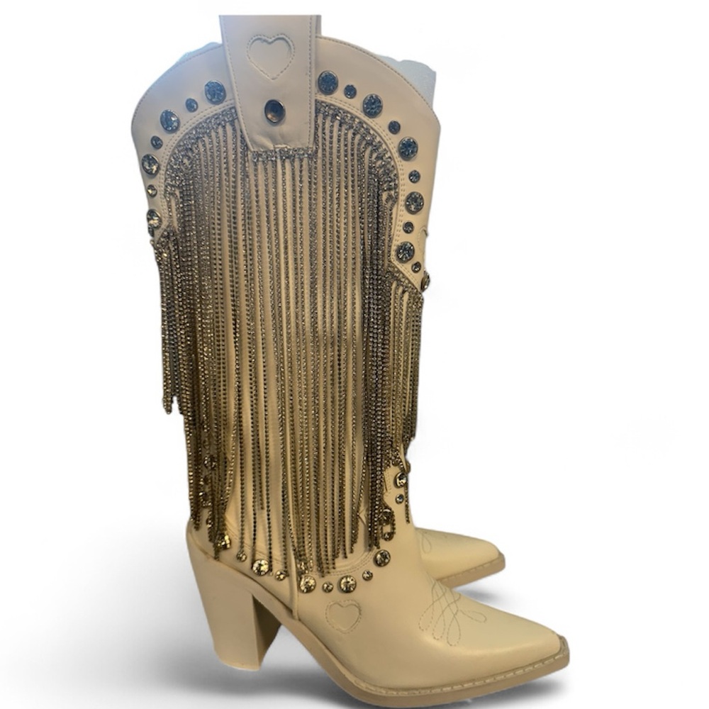 White Rhinestone Draped Fringe Cowgirl Boots